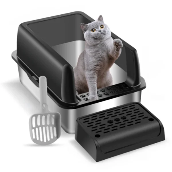 Large Detachable Stainless Steel Cat Litter Box with Lid Easy to Clean Widened Slip Resistant for Large Medium Small Cats
