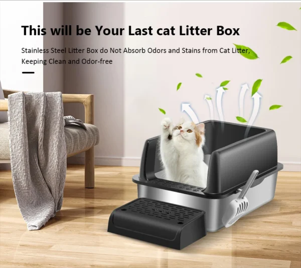 Large Detachable Stainless Steel Cat Litter Box with Lid Easy to Clean Widened Slip Resistant for Large Medium Small Cats