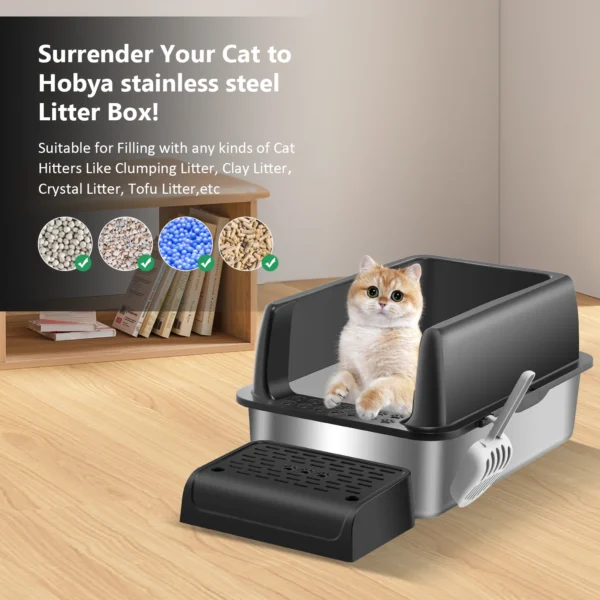 Large Detachable Stainless Steel Cat Litter Box with Lid Easy to Clean Widened Slip Resistant for Large Medium Small Cats