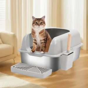 Semi-Enclosed Stainless Steel Cat Litter Box with Lid Extra Large Litter Box for Big Cats Metal Litter Pan Tray Toilet Cat Box 2