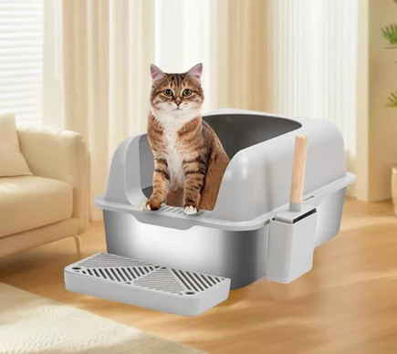 Semi-Enclosed Stainless Steel Cat Litter Box with Lid Extra Large Litter Box for Big Cats Metal Litter Pan Tray Toilet Cat Box
