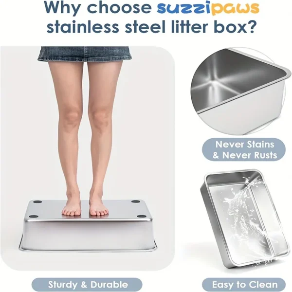 Semi-Enclosed Stainless Steel Cat Litter Box with Lid Extra Large Litter Box for Big Cats Metal Litter Pan Tray Toilet Cat Box