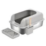 Semi-Enclosed Stainless Steel Cat Litter Box with Lid Extra Large Litter Box for Big Cats Metal Litter Pan Tray Toilet Cat Box