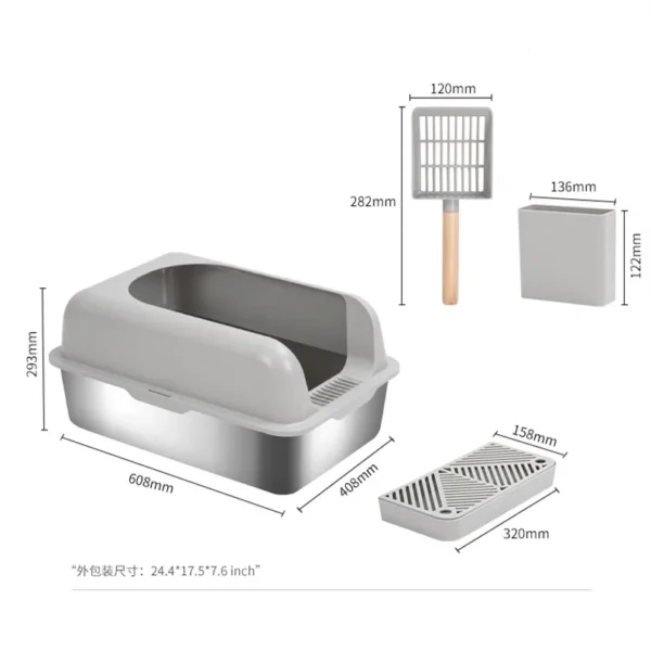 Semi-Enclosed Stainless Steel Cat Litter Box with Lid Extra Large Litter Box for Big Cats Metal Litter Pan Tray Toilet Cat Box